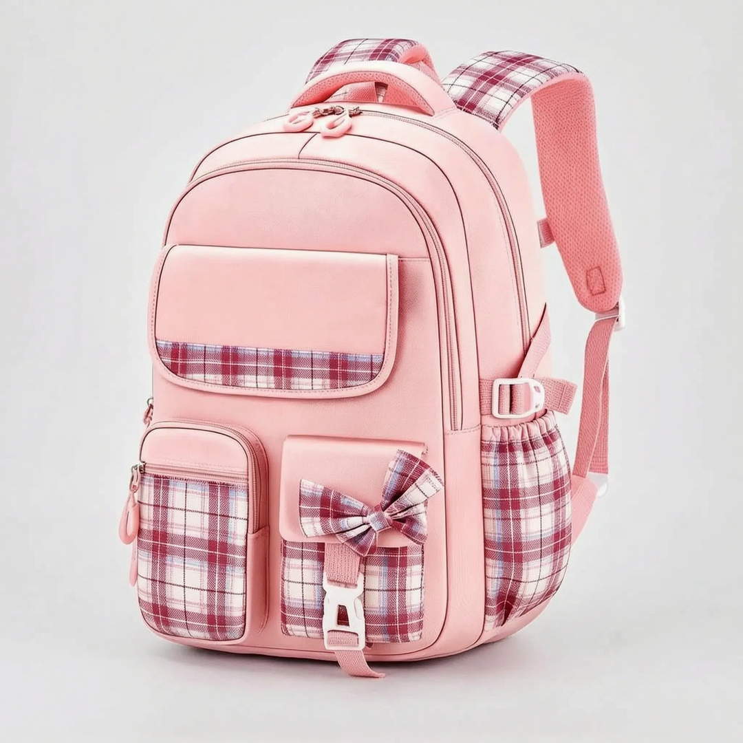 Stilvoller Schulrucksack mit Karomuster, ergonomisch für Grundschule, bietet viel Platz für Bücher & Hefte.