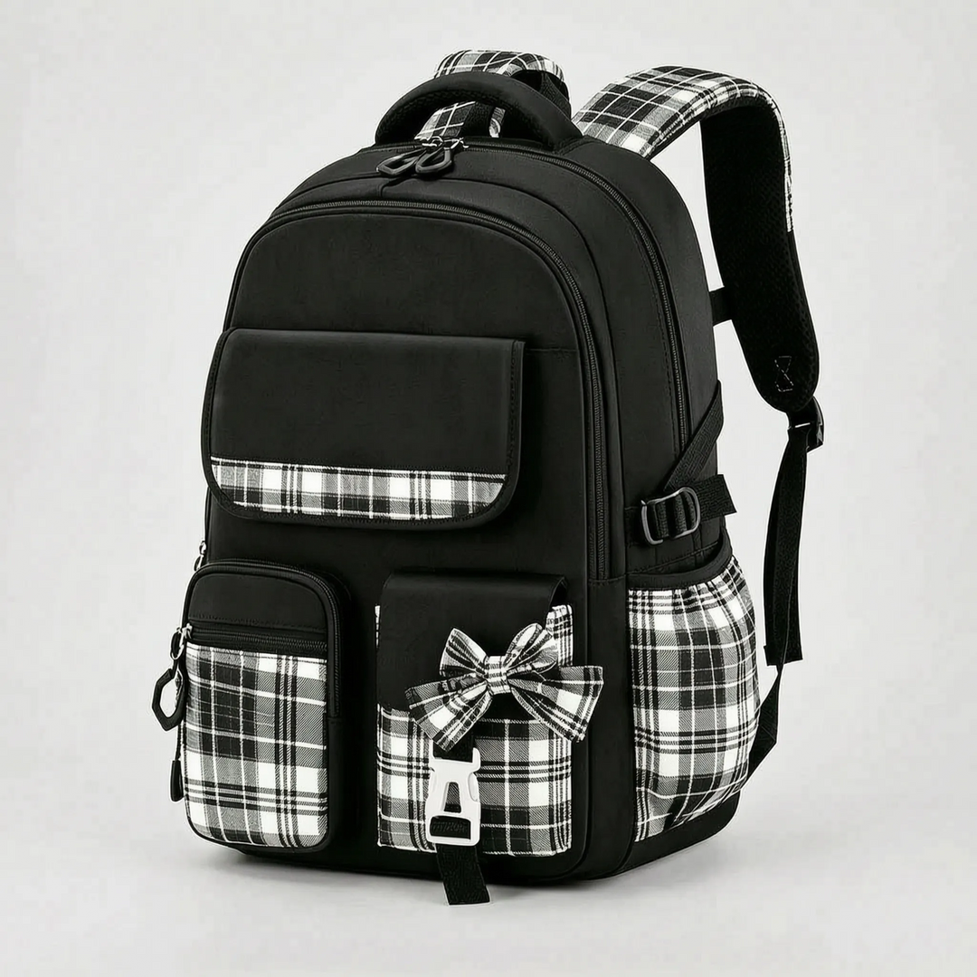 Perfekter Schulrucksack für den Schulanfang, ergonomisch, wasserabweisend, Karomuster für Grundschulkinder.