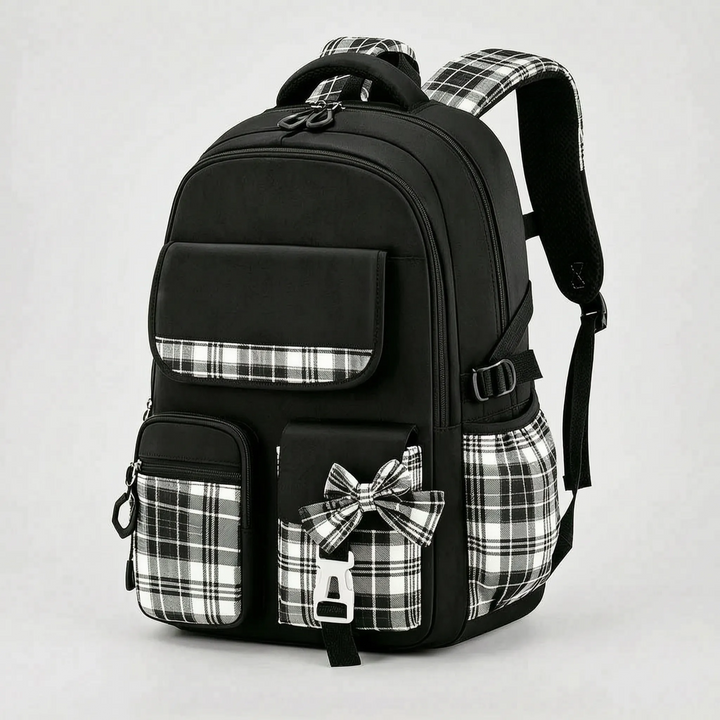 Perfekter Schulrucksack für den Schulanfang, ergonomisch, wasserabweisend, Karomuster für Grundschulkinder.