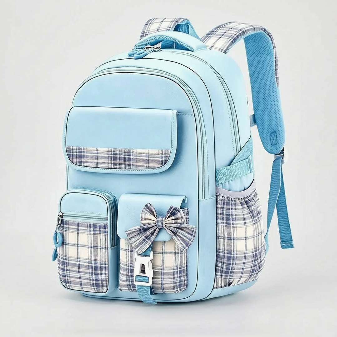Moderner Grundschulrucksack mit Karomuster, aus robustem Polyester, ergonomisch und wasserabweisend für Kinder.