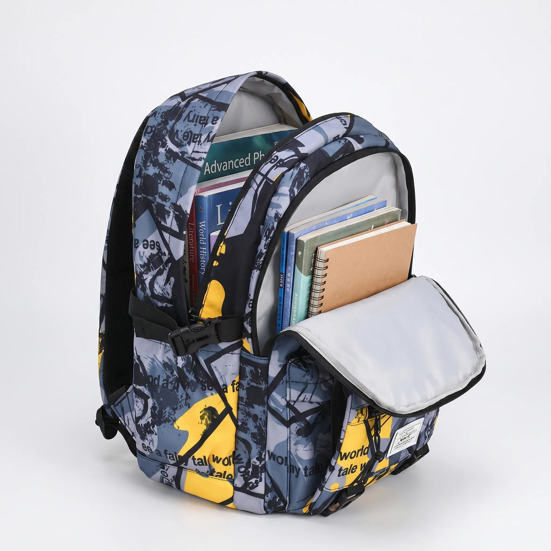 Grauer Kinder Schulrucksack mit intelligenten Fächern für perfekte Organisation von Büchern und Zubehör.