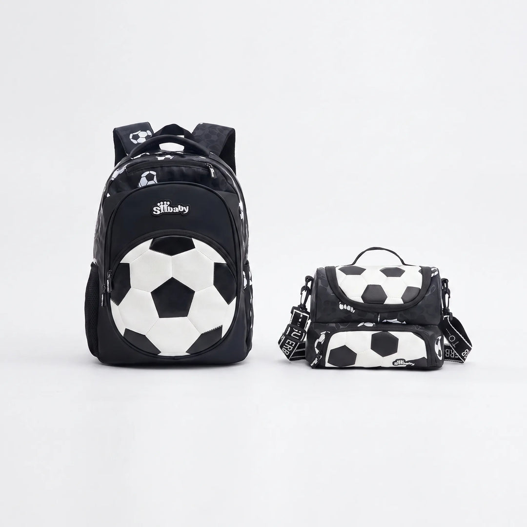 Robuster Nylon-Schulrucksack mit lebhaftem Fußball-Print für Kinder; ideal als Schultasche für Jungen.