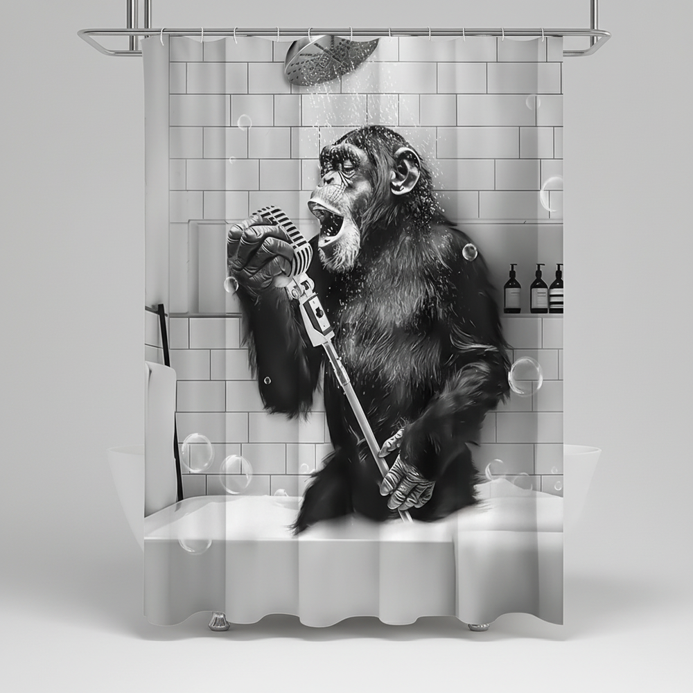 Wasserdichter Polyester-Duschvorhang in Schwarz-Weiß mit witzigem Affen-Design. Ideal für Ihr Badezimmer.