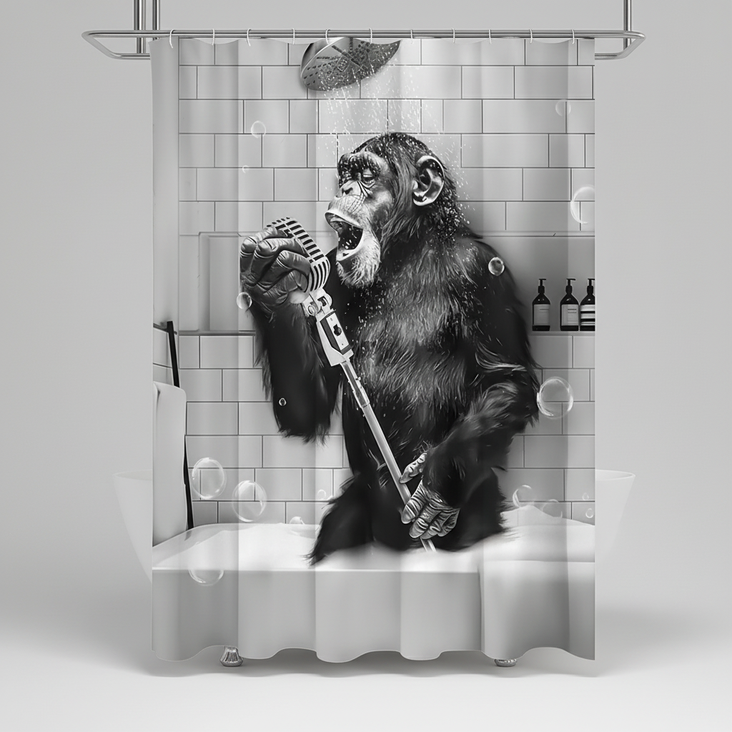 Wasserdichter Polyester-Duschvorhang in Schwarz-Weiß mit witzigem Affen-Design. Ideal für Ihr Badezimmer.