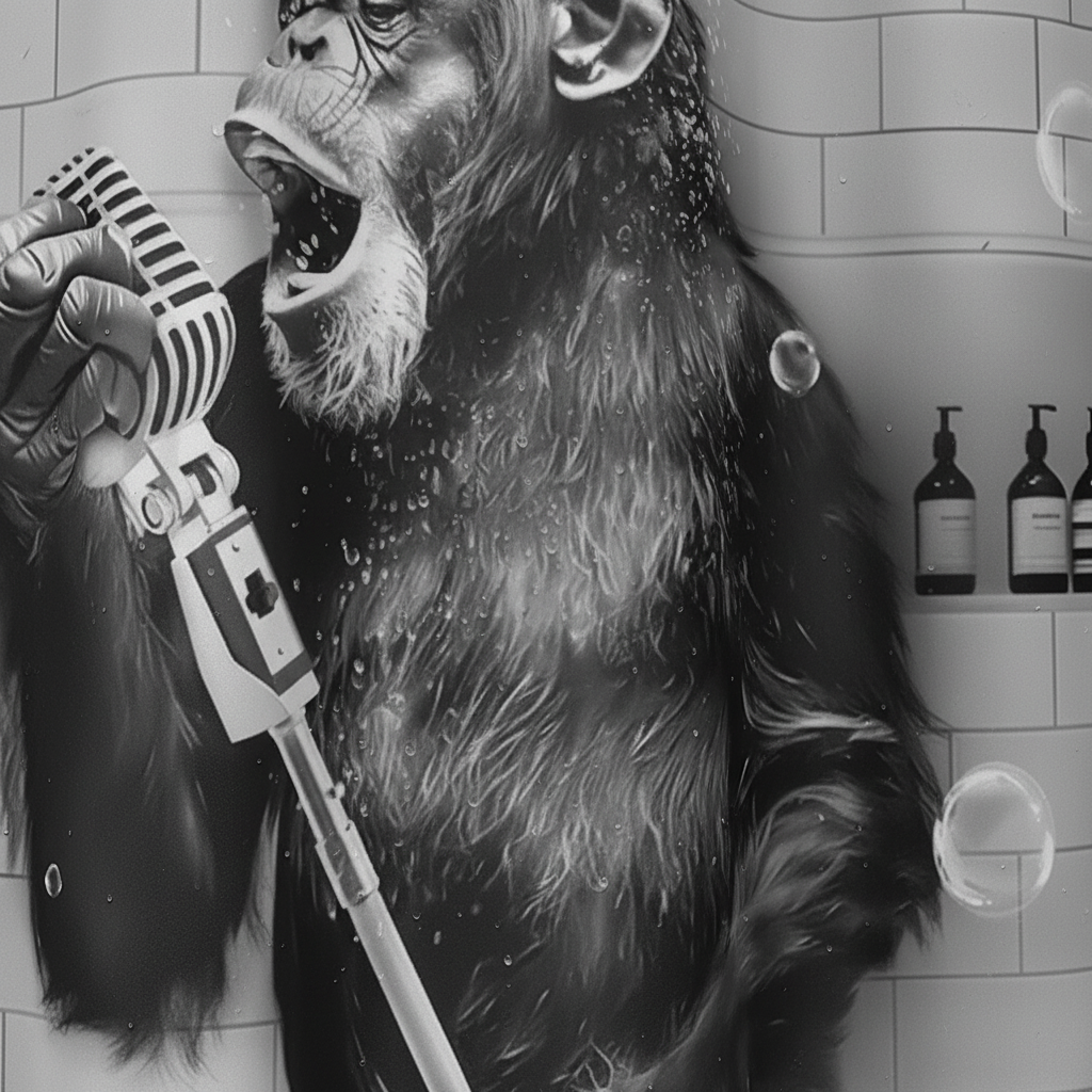 Detailansicht des ShowerChimp Duschvorhangs: Schwarz-weiße Affen, die sich verstecken, humorvolles Badaccessoire.