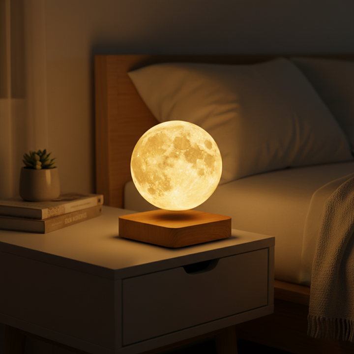 Schwebende Mondlampe aus Holz, die ein warmes LED-Nachtlicht spendet. Ein dekoratives Stimmungslicht für entspannte Atmosphäre.