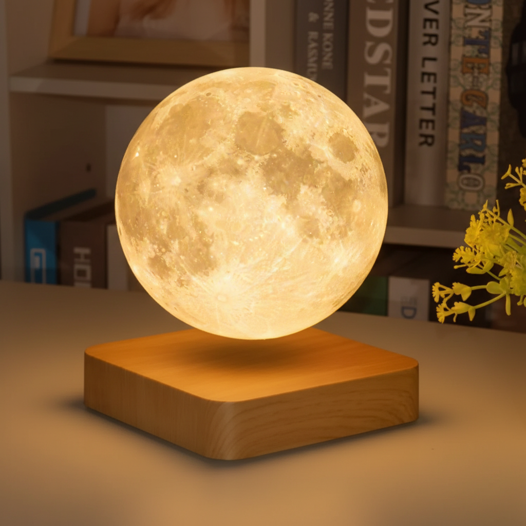 Dekorative schwebende Mondlampe aus Holz als LED-Nachtlicht. Perfektes Stimmungslicht für Schlafzimmer oder Wohnzimmer, kabellos.