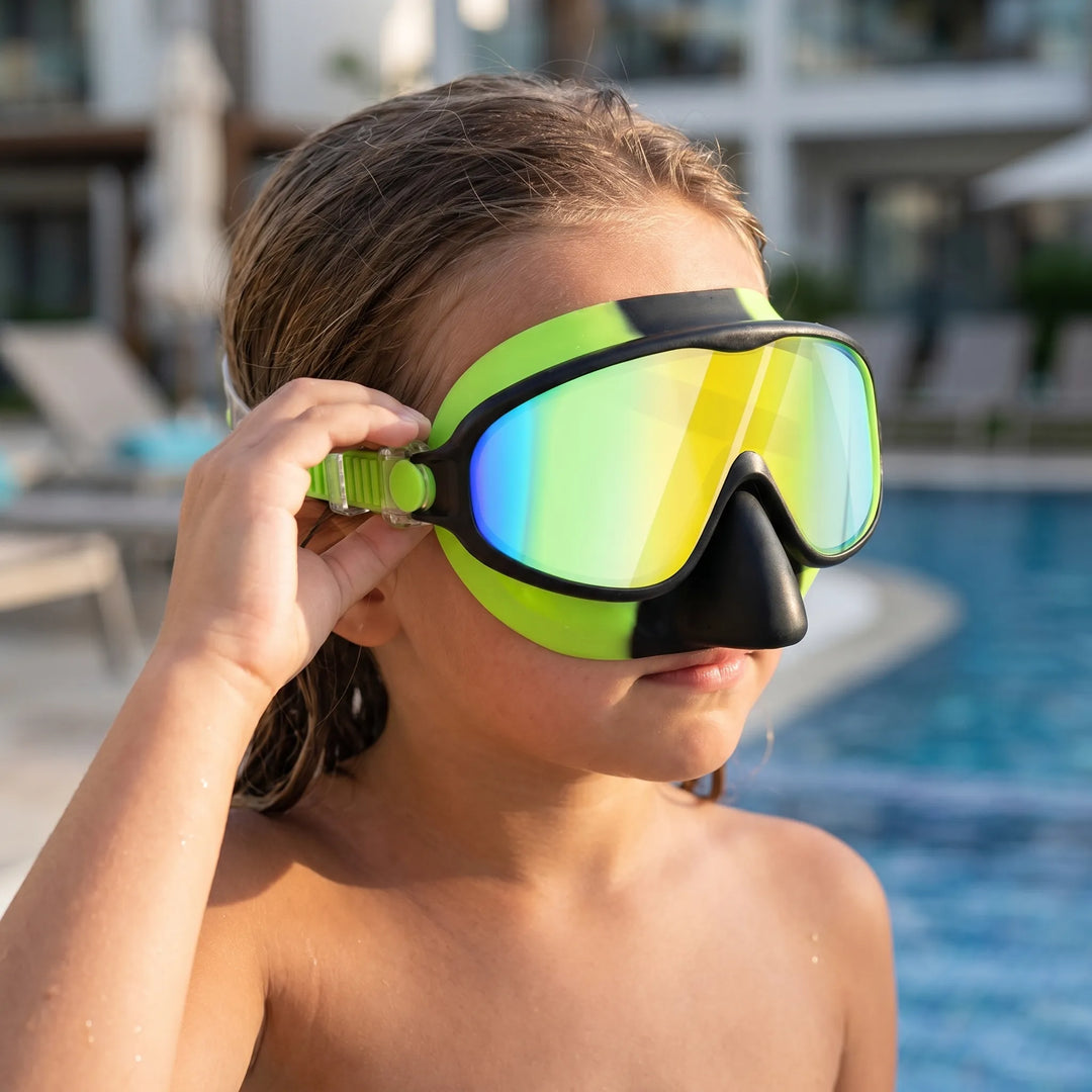 Kinder Schwimmmaske mit Nasenschutz, blau, für entspanntes Tauchen und Schwimmen im Sommer.