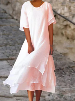 Elegantes Noémie Damen Sommerkleid aus Baumwoll-Leinen in Rosa/Weiß. Lockeres & luftiges Freizeitkleid für warme Tage.