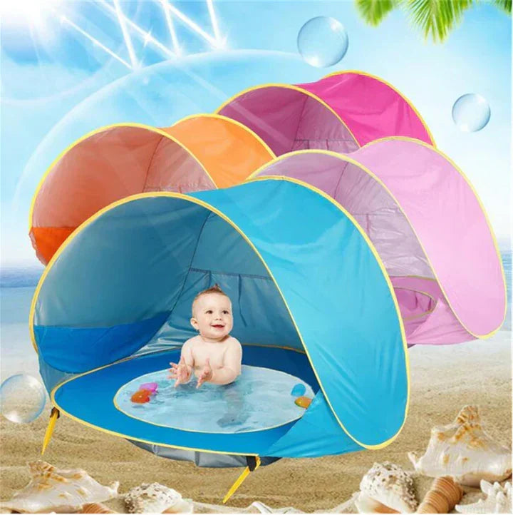 Babyzelt mit UV-Schutz und integriertem Mini-Pool für sicheres Spielen im Freien und am Strand.