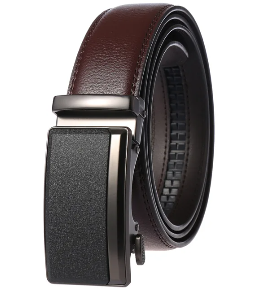 Eleganter Herren Ledergürtel braun mit automatischer Klickverschluss-Schnalle, stufenlos verstellbar.