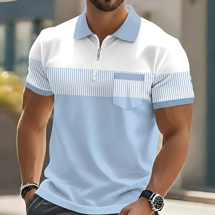 Grünes Business Casual Herren-Polo, kurzärmlig, mit Reißverschluss & Streifen. Perfekt für elegante Looks.