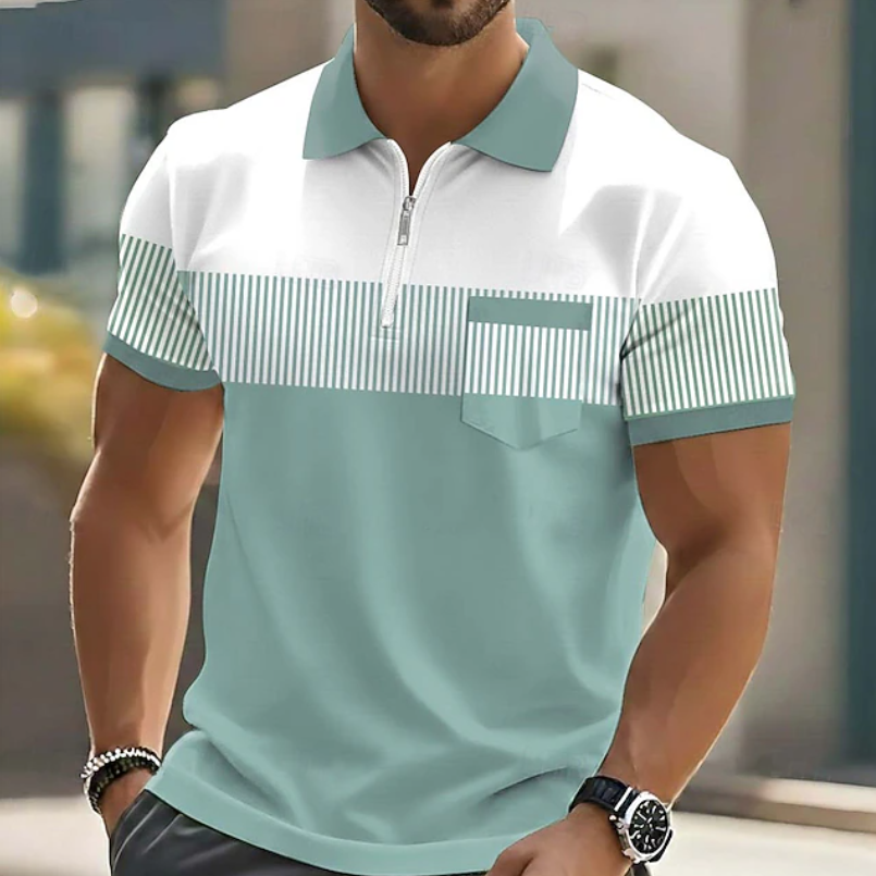 Lila Herren Reißverschluss-Polo mit dezenten Streifen. Modisches, bequemes Kurzarm-Shirt für den Sommer.