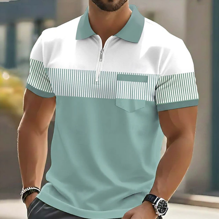 Lila Herren Reißverschluss-Polo mit dezenten Streifen. Modisches, bequemes Kurzarm-Shirt für den Sommer.