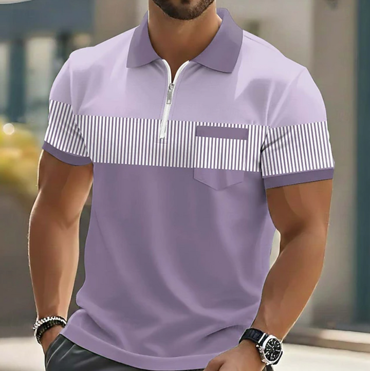 Graues Herren-Polohemd, elegant mit Reißverschluss, Streifen. Bequemes Kurzarm-Oberteil für Freizeit & Büro.