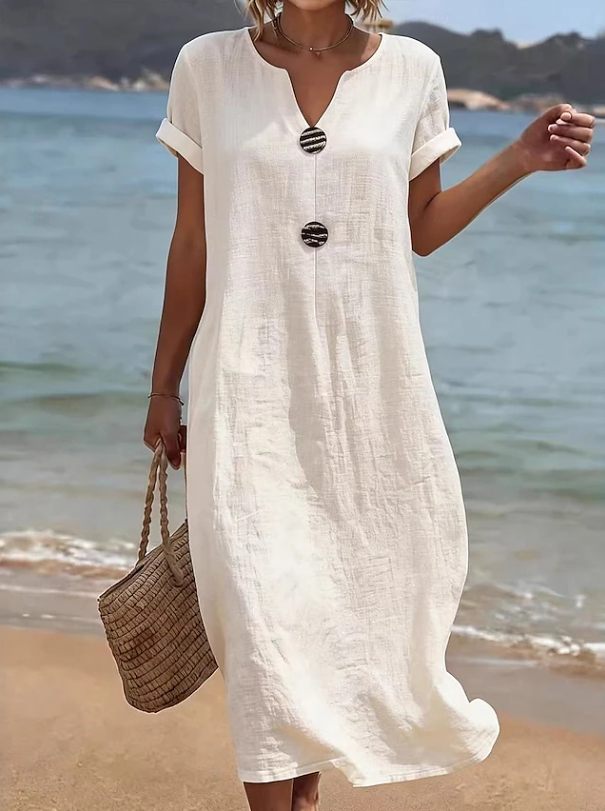 Vielseitiges Damen Sommer Maxikleid, elegant und leicht, mit Knopfleiste, passend für Freizeit und Strand.
