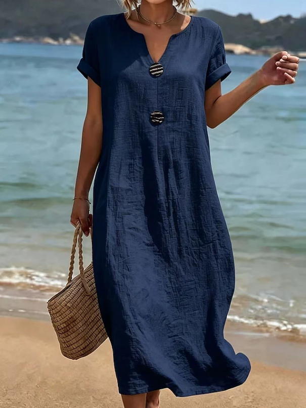 Luftiges, langes Damenkleid mit Knopfleiste, ein schickes Sommer Maxikleid für diverse Anlässe.