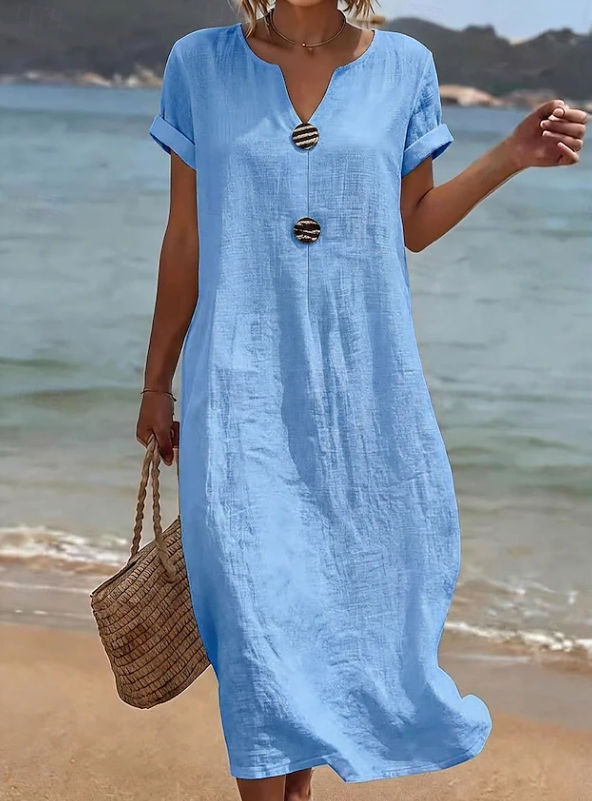 Elegantes, fließendes Damen Sommer Maxikleid mit Knopfleiste, perfekt für Strand, Freizeit und Urlaub.