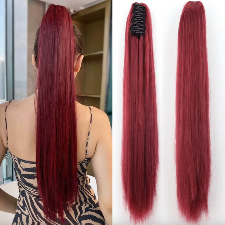 Dunkelbraune 55 cm Clip-in Pferdeschwanz Haarverlängerung, Kunsthaar, für voluminöse Frisuren.