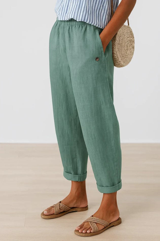 Stilvolle dunkelgraue Damen Sommerhose mit Gummibund für eine bequeme, vielseitige Alltagspassform.