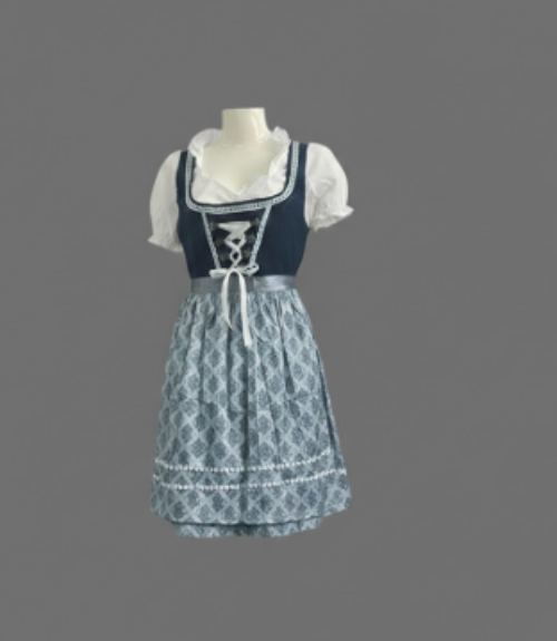 Damen Dirndl-Set für Oktoberfest: Blaues Trachtenkleid mit Schürze, Bluse. Festliche, traditionelle Kleidung.