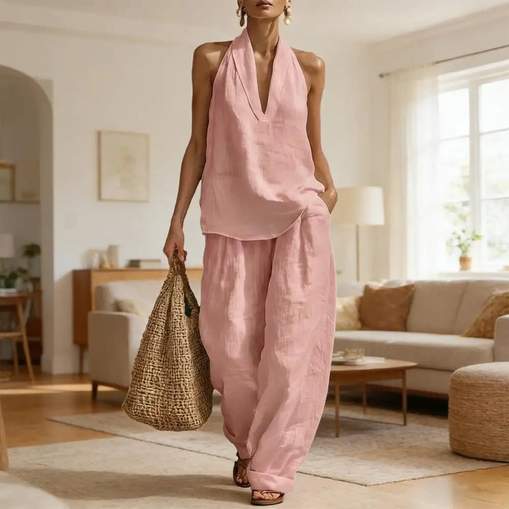 Elegantes Damen Set mit V-Ausschnitt Oberteil & High-Waist Hose. Perfekter Zweiteiler für Business & Abendveranstaltungen.