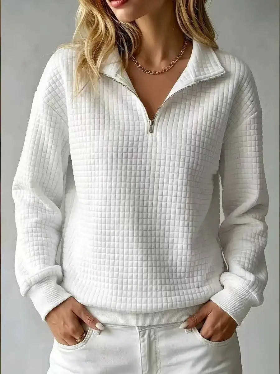 Vielseitiger Damen-Halbzip-Pullover, gesteppt, Diamantmuster. Ideal für Herbst- und Frühlingsoutfits.