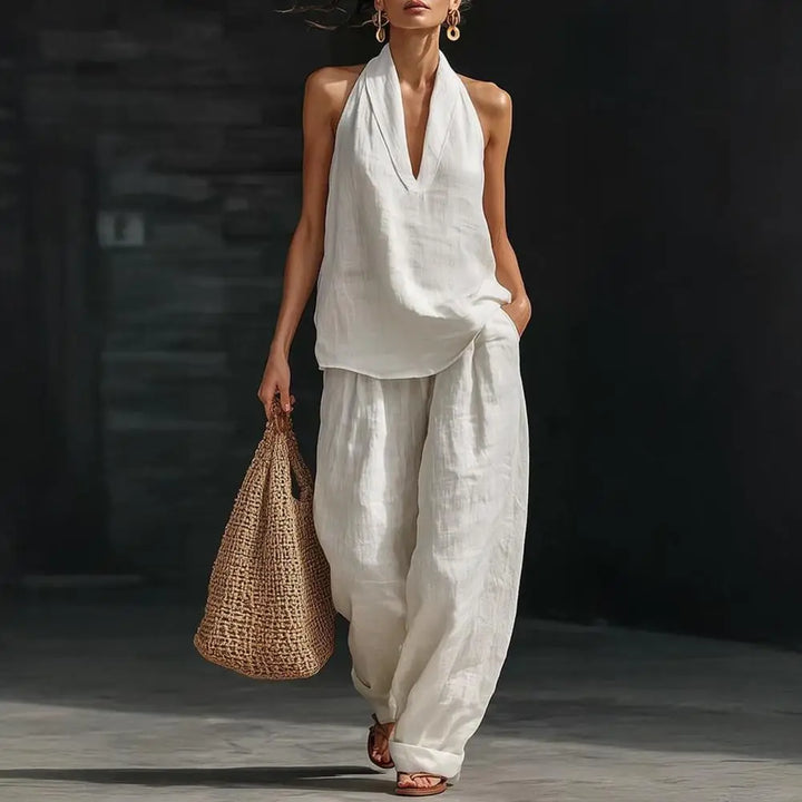 Damen Zweiteiler Set: Elegantes V-Ausschnitt Top & High-Waist Hose. Ideal für Büro, Freizeit & Sommer. Modisch & komfortabel.