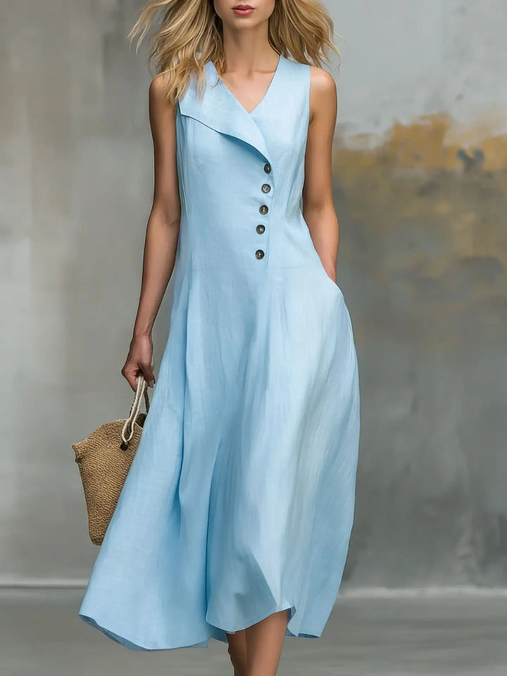 Bequemes Damen Sommer Maxikleid mit V-Ausschnitt und Knöpfen, perfekt für entspannte Momente.