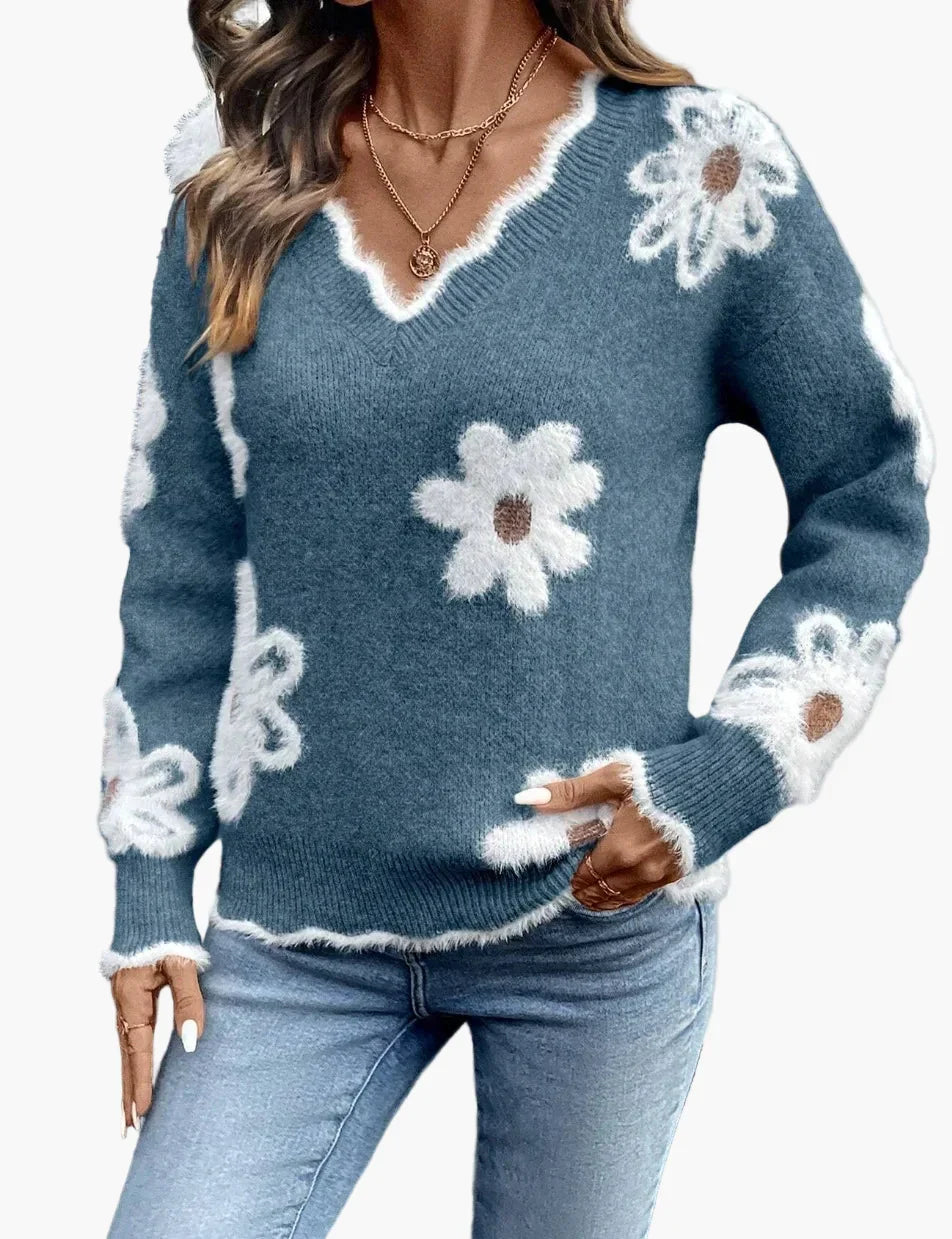 Damen Freizeitpullover mit V-Ausschnitt und Blumenmuster. Perfekt für Herbstmode und einen gemütlichen Look.