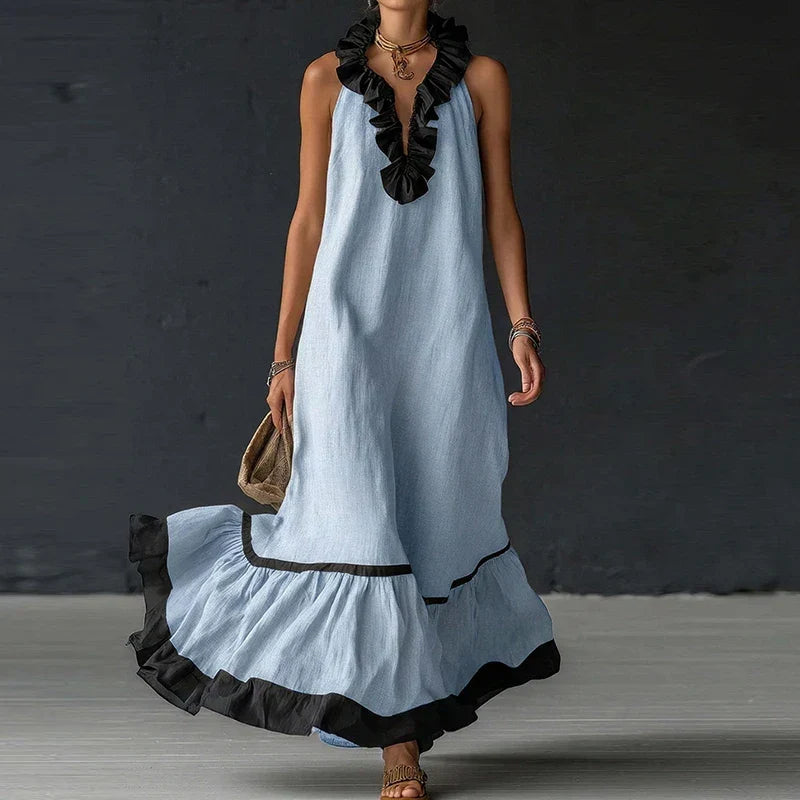Schönes, ärmelloses Damen Maxikleid mit V-Ausschnitt und Rüschen, ein vielseitiges Sommer- und Abendkleid.