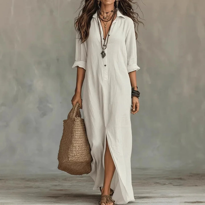 Lässiges Damen Sommerkleid, langarm, lockerer Schnitt, elegantem Umlegekragen, knöchellang.