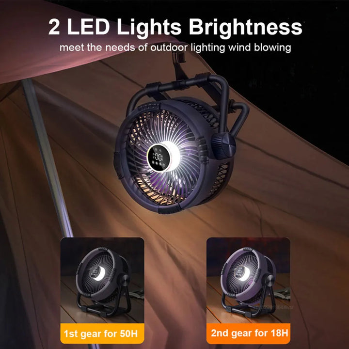 Leistungsstarker Outdoor-Ventilator mit integrierter LED-Lampe, großem Akku & Fernbedienung für Camping.