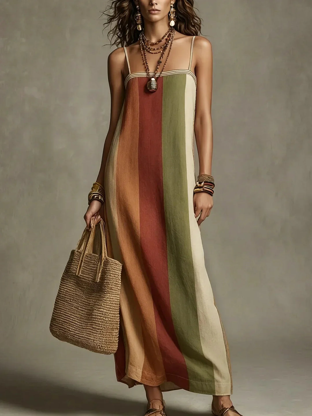 Luftiges gestreiftes Spaghettiträger Maxikleid für Damen, ein bequemes langes Strandkleid für den Sommer.