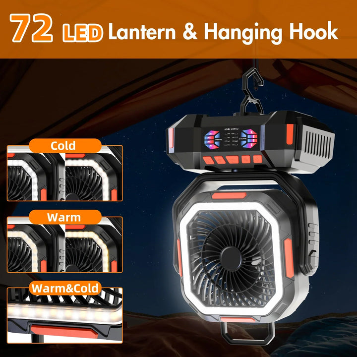 Campingventilator mit langlebigem 40000mAh Akku und Notfalllampe, perfekt für Outdoor-Einsätze und Zeltlager.