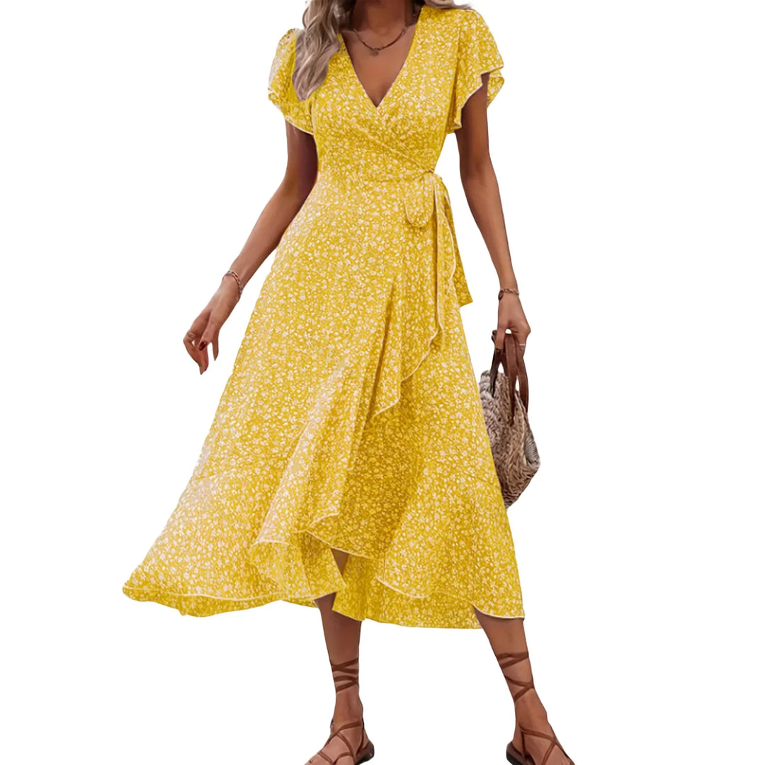 Damen Freizeitkleid, knielang, mit Wickel-Optik, Blumenmuster, kurzen Ärmeln & feinen Rüschen.