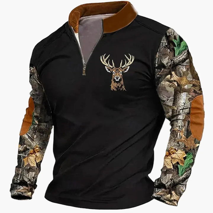 Bequemer Freizeit Half-Zip Pullover für Männer mit klassischem Hirschmotiv.
