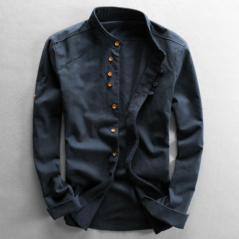 Herren Hemd Mandarin, langärmlig, locker & atmungsaktiv. Ideal für Freizeit oder Business Casual Outfits, hoher Komfort.