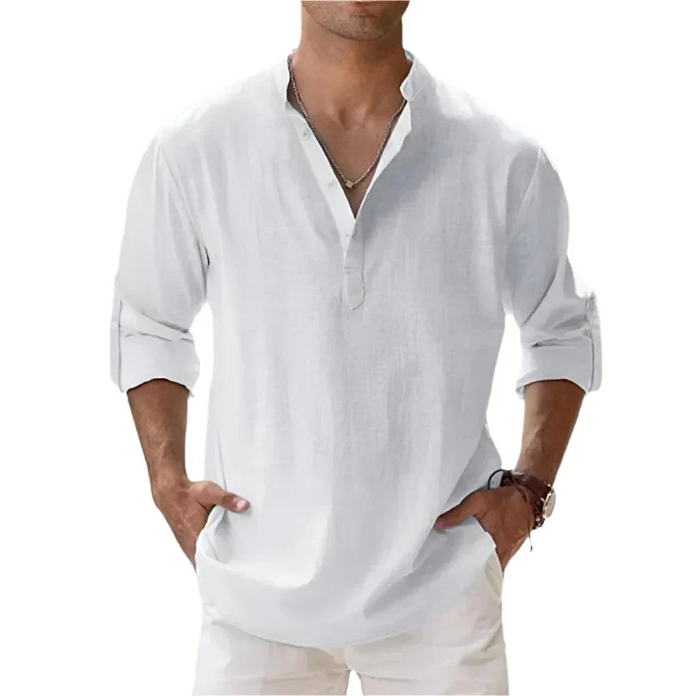 Modernes Herren Langarmshirt mit Stehkragen, einfarbiges Henley-Shirt für Herbst und Übergang.
