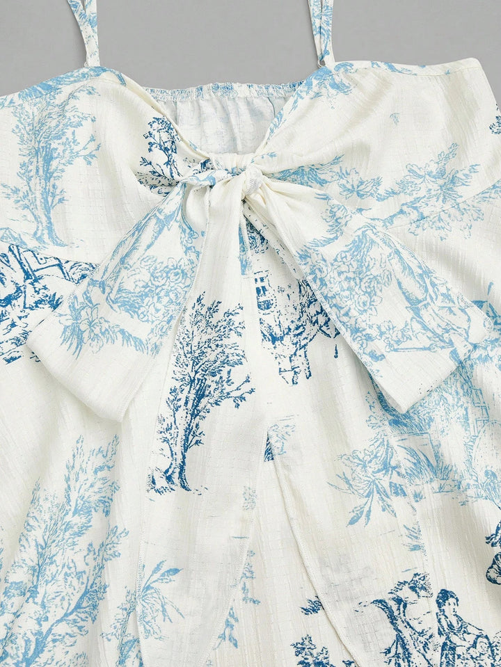 Damen Cami-Top, blau gestreift, ärmellos, mit eleganter Schleife. Perfektes Oberteil für Frühling und Sommer.
