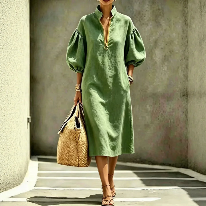 Elegantes Damen Sommer Midikleid mit Puffärmeln, ein vielseitiges und modisches Freizeit- oder Businesskleid.