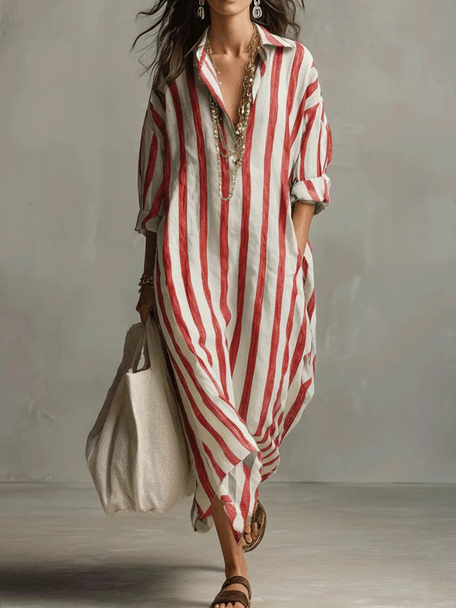 Damen Sommerkleid mit modischem V-Ausschnitt, Streifen und Dreiviertelarm. Lässiges Freizeitkleid für den Sommer.