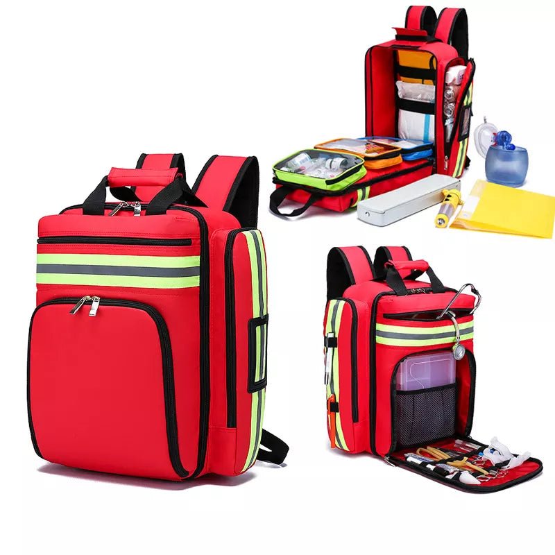 Großer schwarzer Unisex Erste-Hilfe-Rucksack, ideal für Notfälle, Outdoor, Survival & Abenteuer. Robuste Notfallausrüstung.