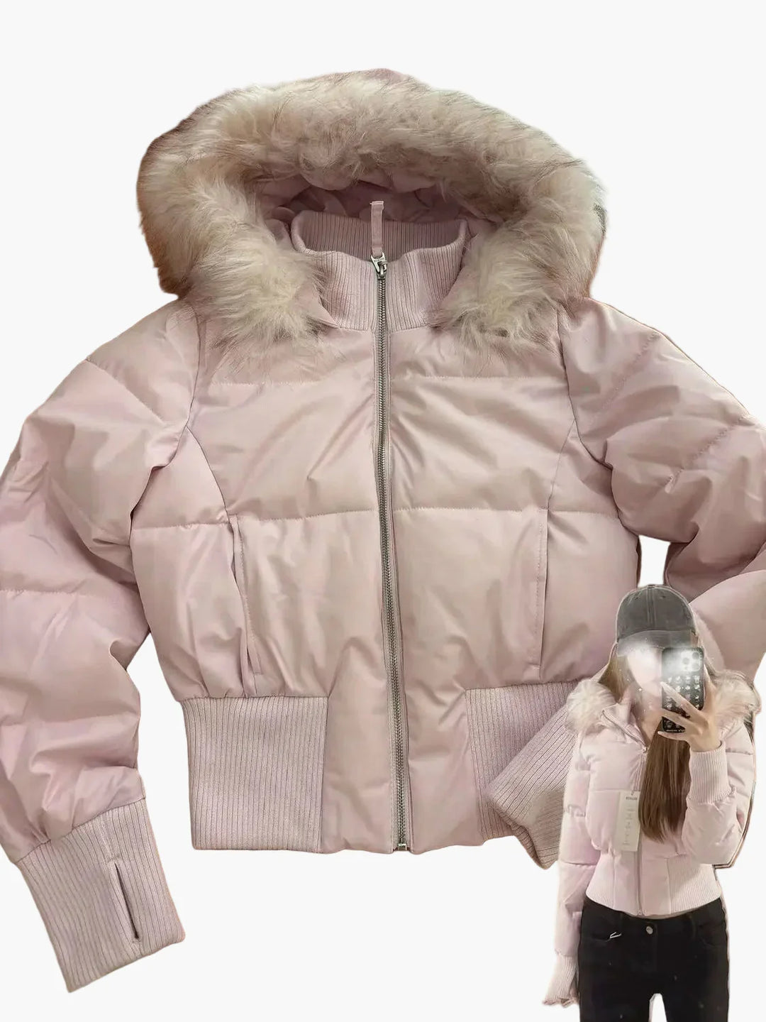 Komfortable Damen Winter-Steppjacke mit stylischem Kunstfellkragen und praktischen Taschen.
