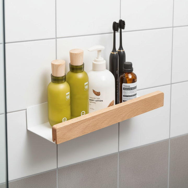 Selbstklebendes AquaWood Badregal aus Walnussholz, bohrfrei, für stilvolle Badezimmer-Organisation.