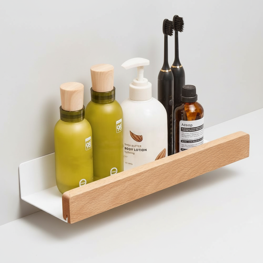 Elegantes selbstklebendes Holzregal in Walnussoptik für Badablage und Organisation von Badzubehör.