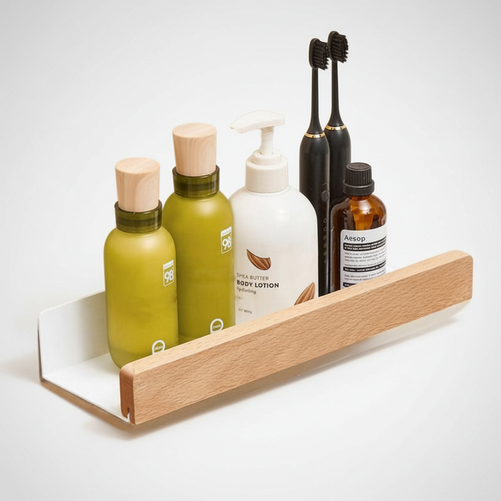 Walnuss-Holzregal selbstklebend, perfekt als Badregal oder Ablage ohne Bohren, robust und stilvoll.