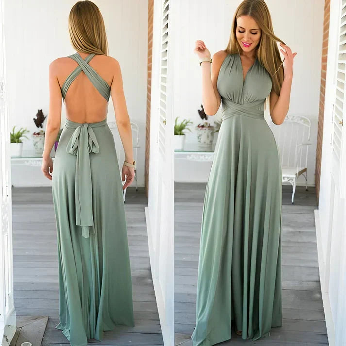 Damen wandelbares Wickelkleid, langes Sommerkleid mit verstellbaren Trägern, elegant & vielseitig.