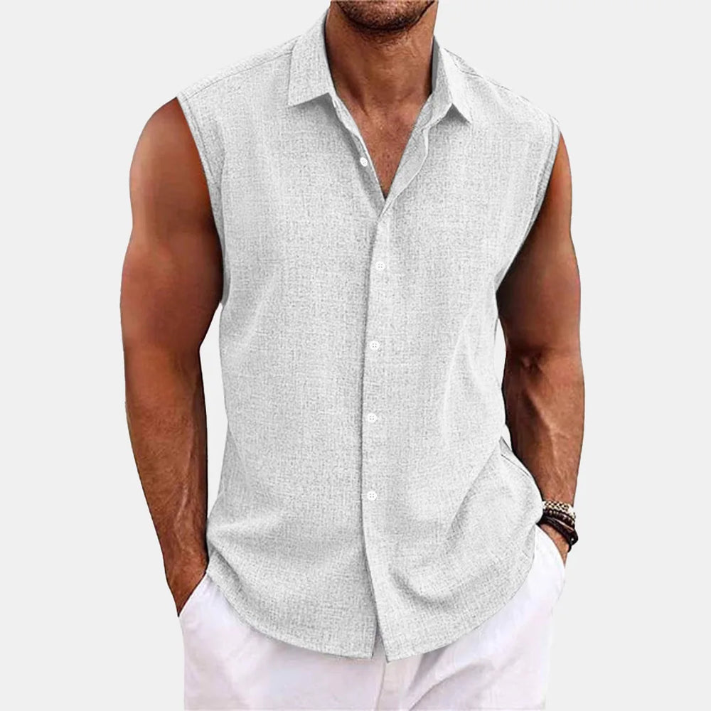 Freizeit-Herrenhemd ärmellos mit Kragen, ideal für den Sommer und Outdoor-Aktivitäten.