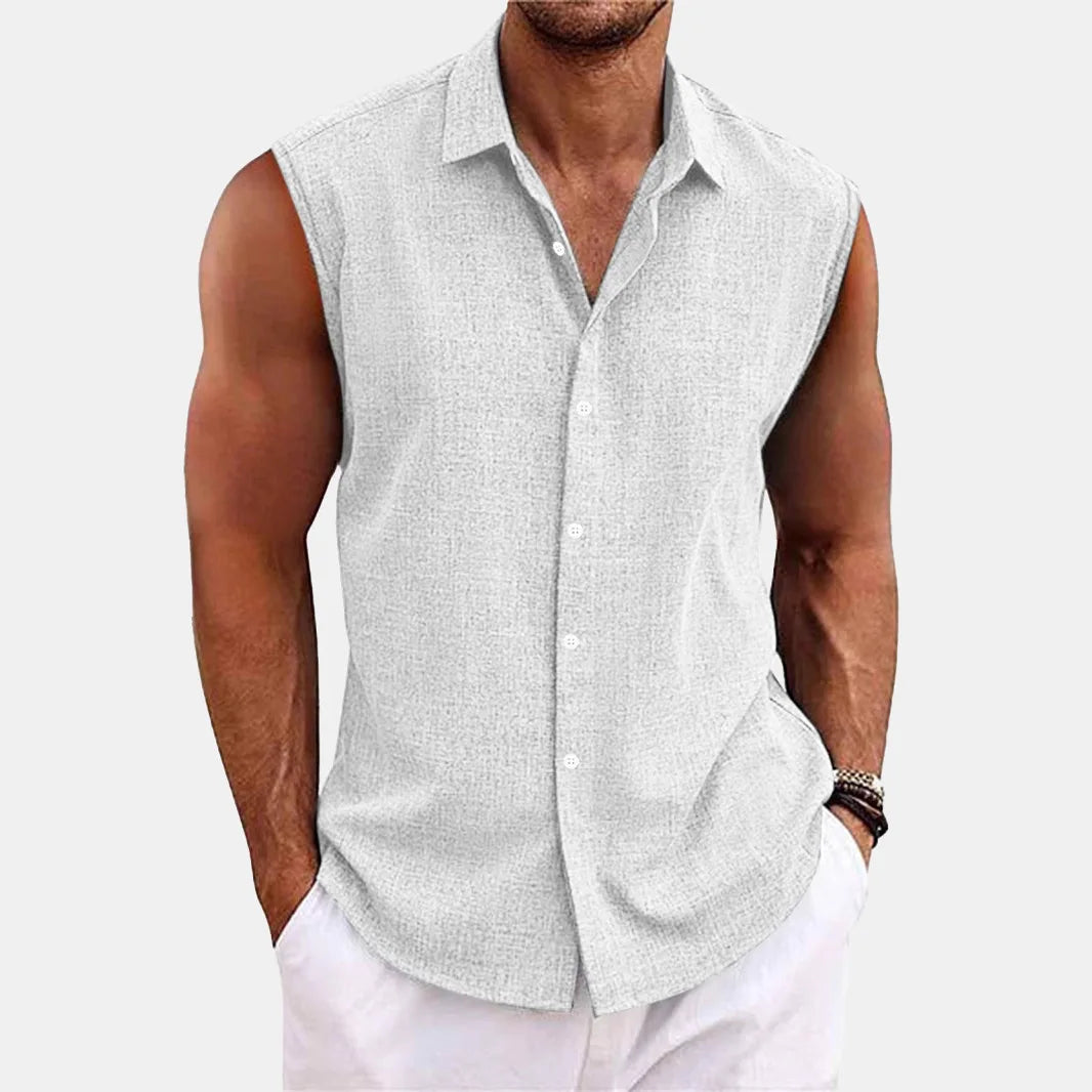 Freizeit-Herrenhemd ärmellos mit Kragen, ideal für den Sommer und Outdoor-Aktivitäten.